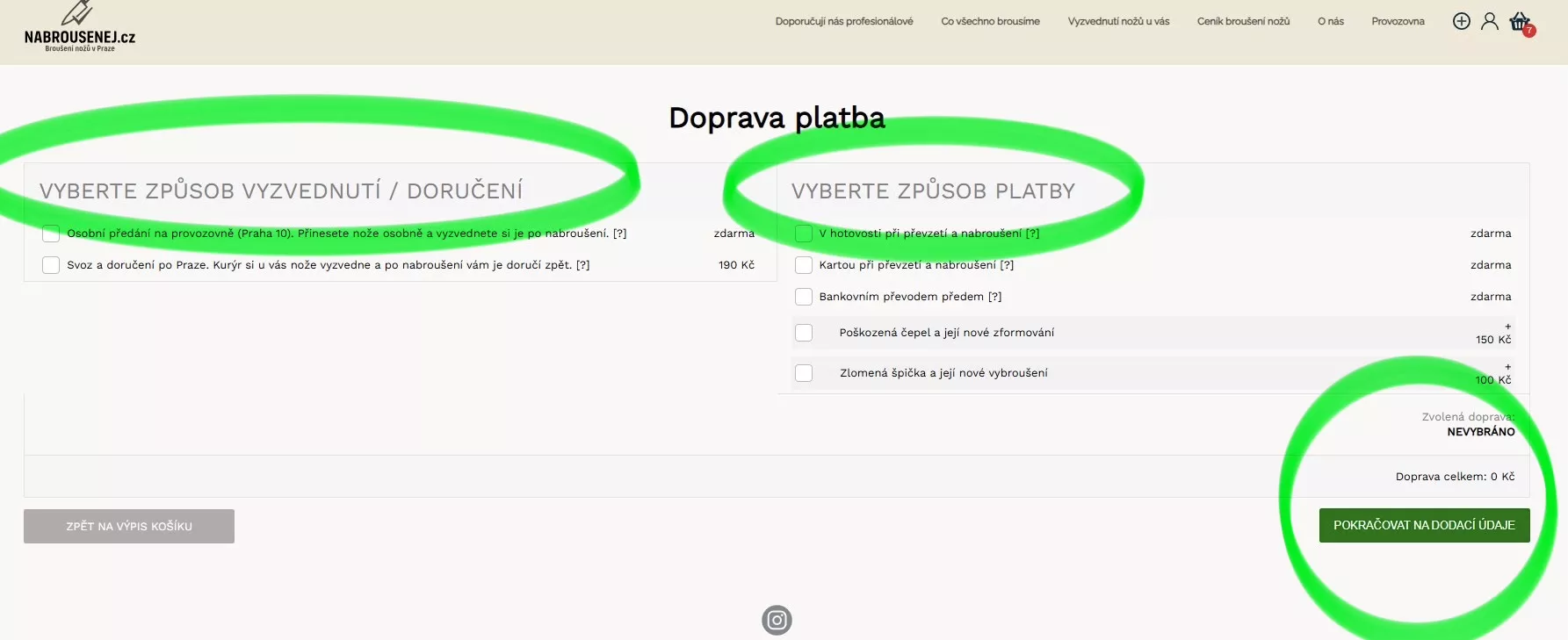 Výběr dopravy a platby